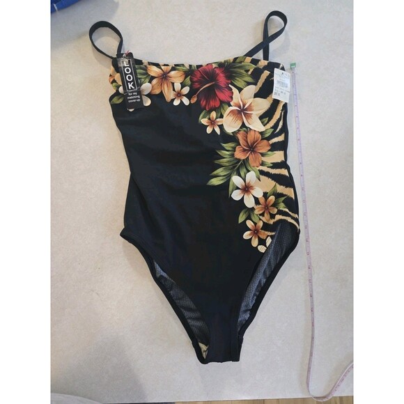 NEW WOMEN'S SZ 14 ROXANNE ONE PIECE BLACk floral LINED FRONT SWIMSUIT straps - Picture 1 of 8